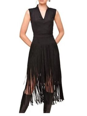 Avec Les Filles Black Tiered Fringe Sleeveless V-Neck Midi Dress 4